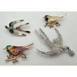 4 costume jewellery stone set and enamelled bird shaped brooches. To include heavily stone set