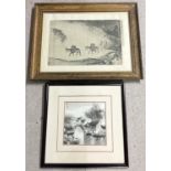 2 framed and glazed oriental prints to include a block print in monochrome shades. One Depicting