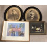 4 framed and glazed prints. A pair of carved black oval frames with vintage print portraits of a