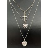 3 silver pendants necklaces. A 19" box chain with floral engraved small heart locket; an 18" curb