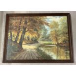 A framed and glazed large print of a woodland scene by Gllobjen. Frame size approx. 61 x 821 cm.