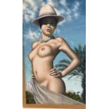 Krys Leach, local artist - nude oil on canvas board in natural wood frame, entitled "Trilby". Signed