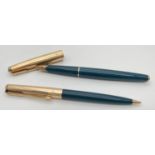 A vintage Parker fountain pen & mechanical pencil set with 12ct Rolled Gold caps. Teal coloured
