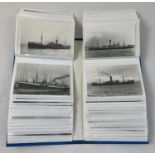 An album containing 100 vintage black & white postcards & photographs of ships from The Blue