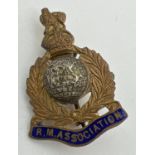 A WWII Royal Marine Association pin back badge with blue enamelled detail. Engraved to reverse