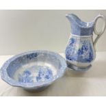 An Antique blue & white Davenport Ironstone China wash jug and matching bowl with classical scene