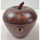 A Georgian style wooden tea caddy in the shape of an apple, with hinged lid. Interior lined with