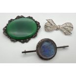 2 silver brooches together with a vintage white metal butterfly wing brooch (pin missing). Silver
