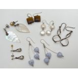 6 pairs of silver and white metal drop style earrings to include mother of pearl (a/f), blue lace