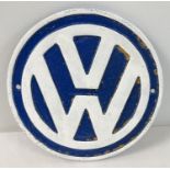 A circular shaped VW Volkswagen painted cast iron wall plaque, in blue and white. Approx. 23cm
