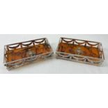 A pair of silver plated rectangular shaped coasters/trays with faux tortoiseshell bases, one a/f.