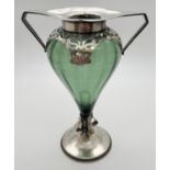 An Art Nouveau silver mounted 2 handled green glass vase, hallmarked R H Halford & Sons, London