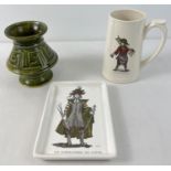 3 pieces of Holkham pottery vintage ceramics. A dark green speckled glaze vase with Greek Key