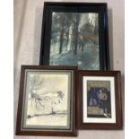 3 vintage framed and glazed pictures & photographs. 2 photographic snowy wooded scenes together with