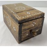 A vintage ethnic hardwood vanity box with inlaid mother of pearl detail to each side. Lift up