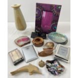 A collection of misc items to include a beaded photoframe, Abalone shell, quartz tealight holder,