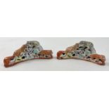 2 small Staffordshire ceramic curved figures of mice. Each approx. 5cm tall x 11cm long.