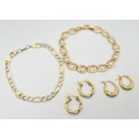 4 items of silver gilt jewellery. A Figaro chain bracelet with lobster claw clasp; a pair of small
