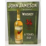 A large reproduction printed tin advertising sign for John Jameson & sons, whisky. With holes for