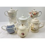 6 ceramic teapots in varying sizes and designs. To include Churchills, Royal Albert, Sadler and