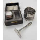 3 vintage hallmarked silver items to include boxed napkin ring with engraved detail, hallmarked B'