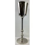 A large polished aluminium Bollinger Champagne cooler on a freestanding pedestal stand. Approx. 81cm