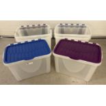 6 plastic deep storage containers with foldable lids. Approx. 40cm tall.