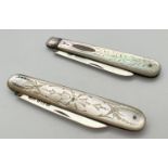 2 Victorian silver bladed, mother of pearl handled fruit knives. Both with foliate design engraved