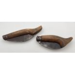 2 antique wooden handled folding knives with worn serrated blades. One blade stamped 'Ismail Bursa'.