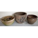 3 large terracotta garden planters. Large planter with black painted foliate design (cracked),