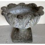 A large 2 sectional pedestal garden planter of classical form with scrolled foliate design and