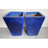 A pair of modern blue glazed square shaped garden planters. Approx. 45cm tall x 32cm wide.