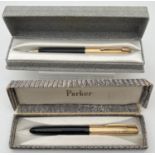 A vintage Parker 51 fountain pen together with a Parker mechanical pencil. Both with black Case