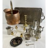 A quantity of assorted vintage metal ware items. To include large ethnic tray, pewter tankards and
