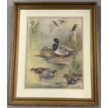 A large vintage Roland Green coloured bird print featuring fowl and water birds. In wooden frame,