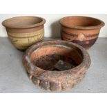 3 large terracotta garden planters. 2 matching planters with coloured banded detail (approx. 26cm