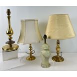 4 table lamp bases. 3 brass design, 2 with cream shades together with a green onyx lamp base.