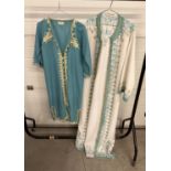 2 vintage ethnic tunics in pale blue & white with gold thread detail.