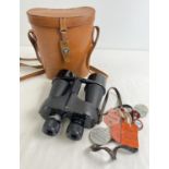 A leather cased pair of Kershaw Vanguard 10 x 50 binoculars with a small collection of 1960's & 70's