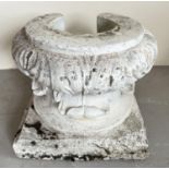 A large vintage concrete garden pedestal base of classical design with scrolled foliate detail.