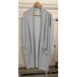A pale blue longline open fronted cashmere cardigan by Denner, Size Large. Some marks to front.