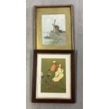 2 vintage framed & glazed prints. A Cecil Aldin print of chickens in hats, in a vintage dark oak