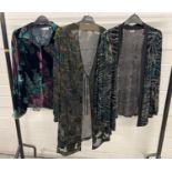 3 items of velvet and devore ladies clothing. A floral design long sleeve shirt, size 16, a tie