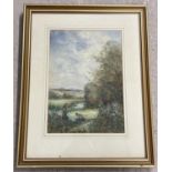 A framed and glazed rural scene water colour of a couple gathering flowers by a river. Frame size