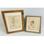 2 vintage framed pencil, pen and water colour drawings of girls. "The Mayfair Crawl" depicting a