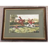 A framed and glazed mixed media painting by Paul Chapman of chickens riding in a country hunt.