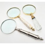 3 large magnifying glasses to include faceted glass handled, handle set with pearl panels and silver