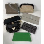 7 evening and clutch bags. To include green leather wrist bag, sequined shoulder bag, black satin