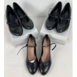 3 boxed new pairs of buckle fastening black heeled dance shoes. A pair of Bloch black leather