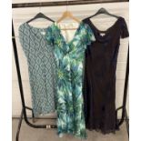 3 ladies short sleeve dresses. A green and blue jersey tile pattern dress by Monsoon, size 14, a
